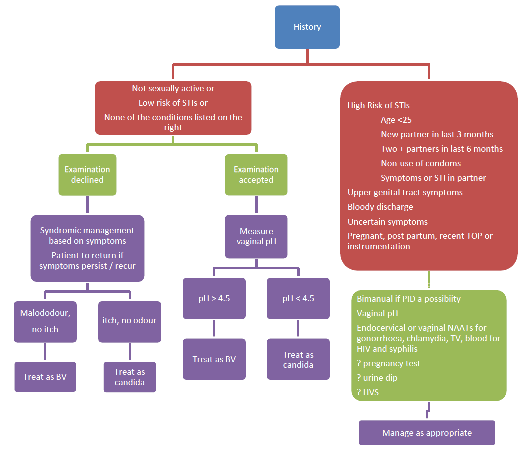 Flowchart detailing patient management guidelines for suspected sexually transmitted infections based on sexual activity risk factors and symptoms, including decision pathways for examination outcomes and treatment options.