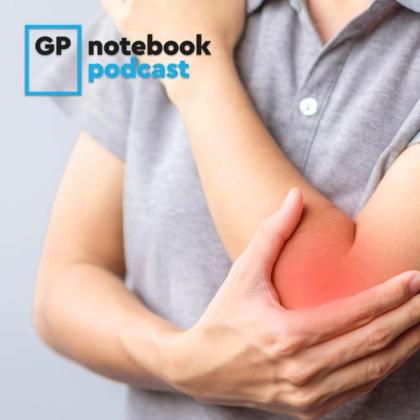 Person holding their elbow in pain with the GP Notebook Podcast logo in the upper left corner