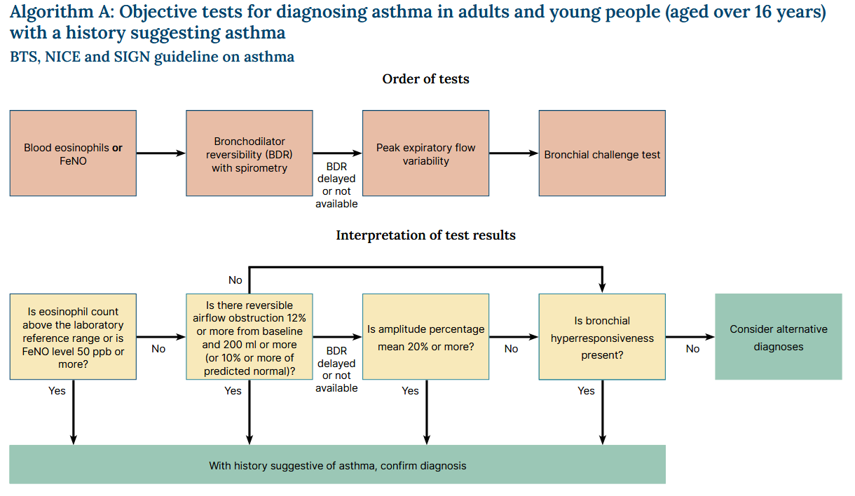 Flowchart outlining the BTS, NICE, and SIGN guideline for objective testing in diagnosing asthma for adults and youth over 16, depicting test order and interpretation of results