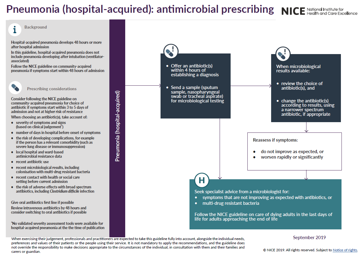 Flowchart defining the NICE guidelines for prescribing antimicrobials in management of hospital-acquired pneumonia, including steps for diagnosis, treatment, and reassessment.