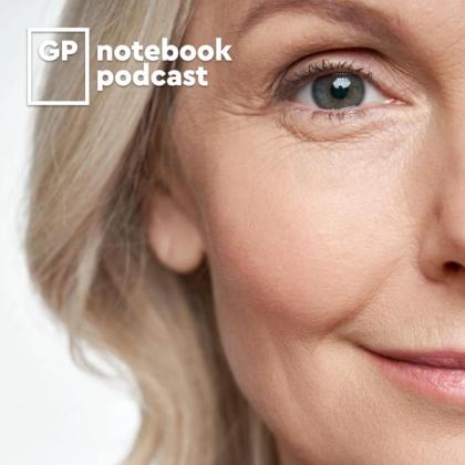 Close-up of an elderly woman's face with focus on her blue eye, featuring the logo 'GP notebook podcast' in the upper left corner.