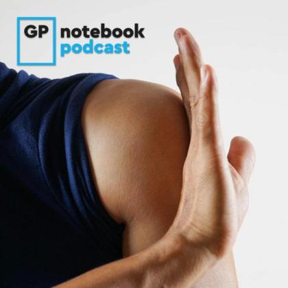 Close-up of a person's raised hand in a stopping gesture, wearing a blue shirt, with the 'GP notebook podcast' logo in the top left corner.