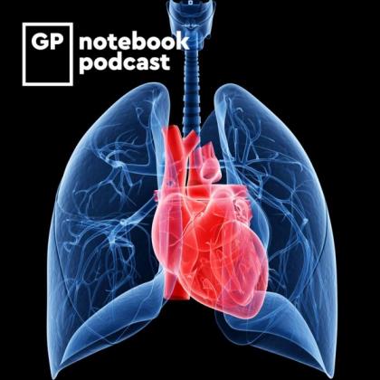 Medical illustration showing a red heart and blue lungs within a human body for the GP Notebook Podcast.