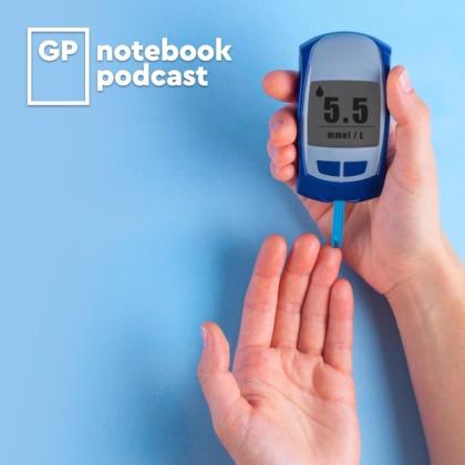 Hand holding a glucose meter displaying a reading of 5.5 mmol/L with a "GP notebook podcast" logo in the upper left corner on a blue background.