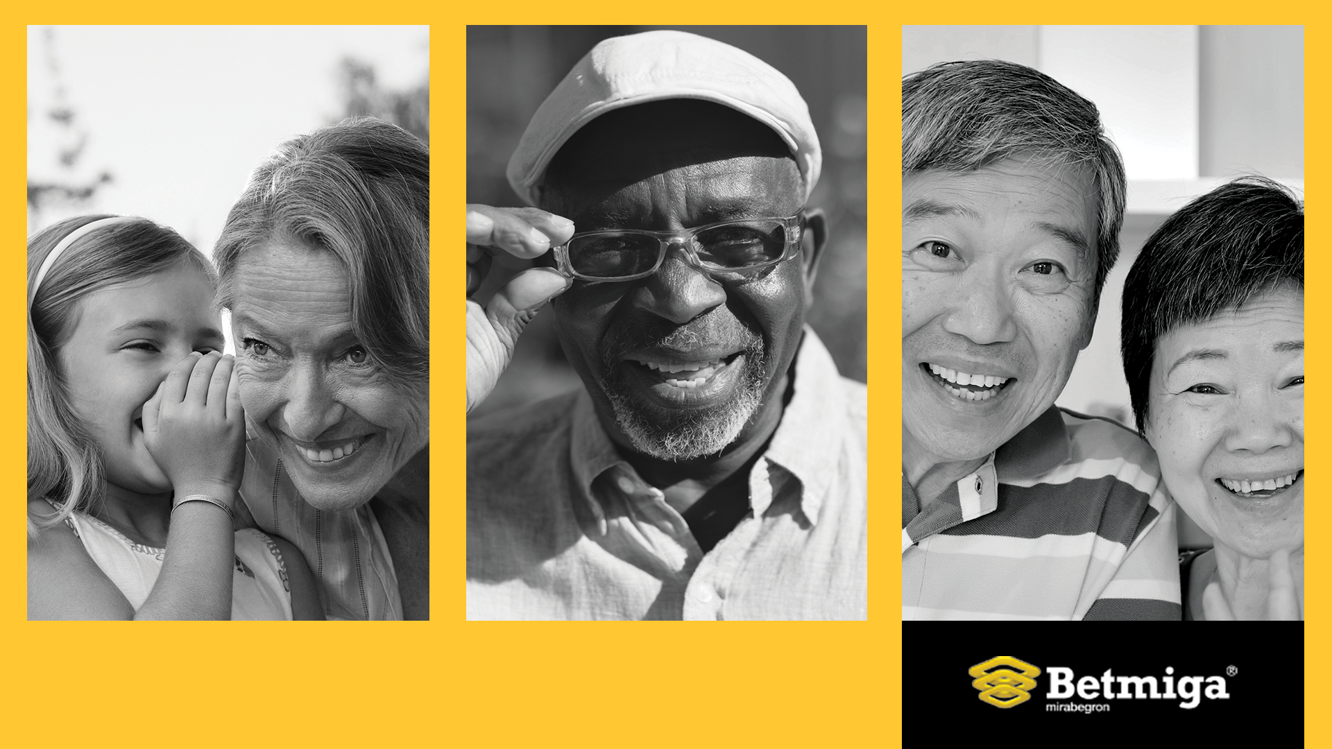 Three separate images depicting joyful interactions across different ages and cultures; a grandmother whispering to a giggling young girl, an elderly Black man adjusting his glasses and smiling, and an elderly Asian couple smiling together, with a logo for Betmiga on the right.