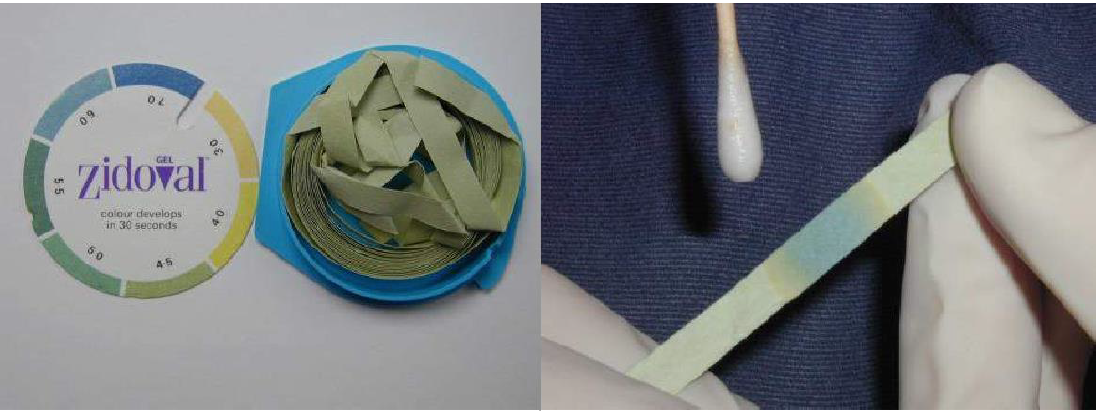 Color development strips and tools in a design process, featuring pH paper, color swatches, and testing on fabric.