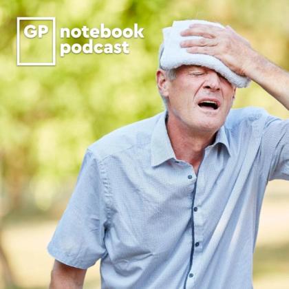 Elderly man wiping sweat from his forehead with a towel in a park, with "GP notebook podcast" logo in the top left corner