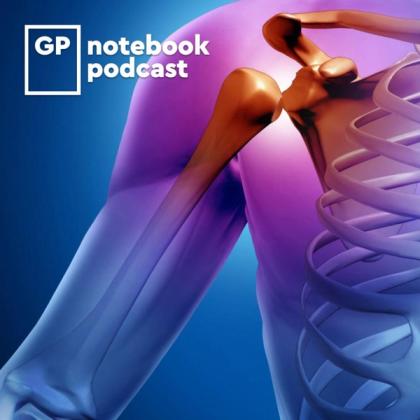 Colorful anatomical illustration of a human shoulder and upper ribcage with GP Notebook Podcast logo in the corner