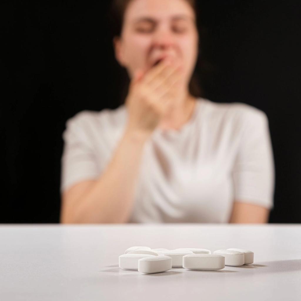 White pills in focus with a blurred person yawning in the background.