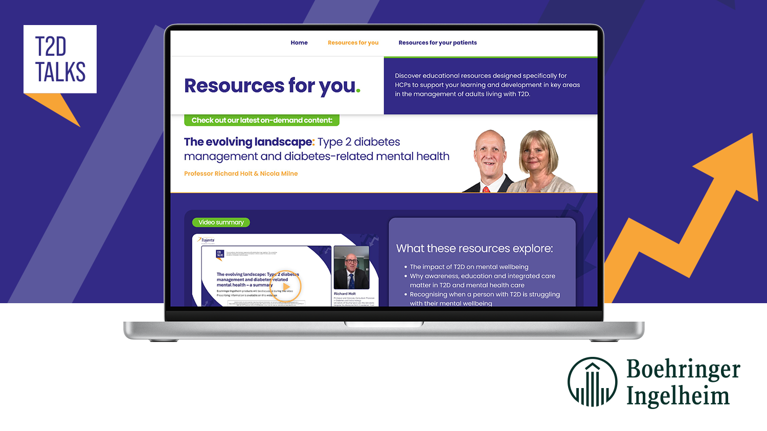 A laptop displays the T2D TALKS website offering Type 2 Diabetes and CKD resources.