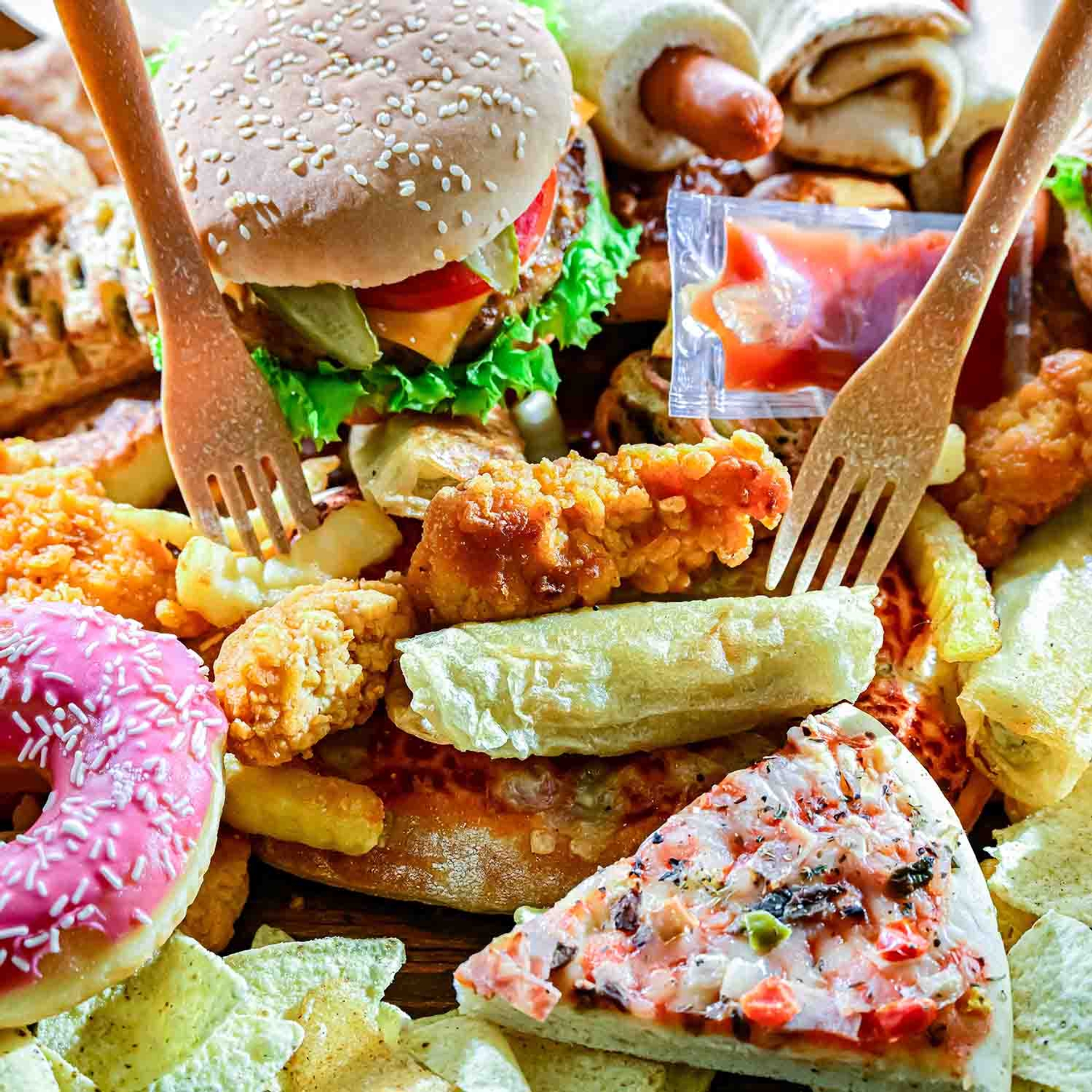 A close-up of a large assortment of fast foods including a burger, pizza slice, fries, fried chicken, donut, and chips, with two forks.