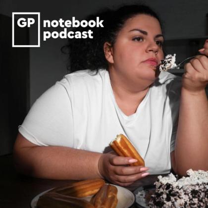 Woman eating cake with a fork and holding a sandwich, with more sandwiches and a cake on the table, logo reading 'GP notebook podcast' in the top left corner
