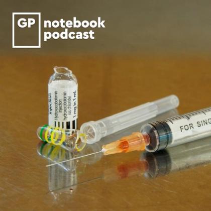 Medical syringes, vials and colored capsules on a table with GP Notebook podcast logo in the background