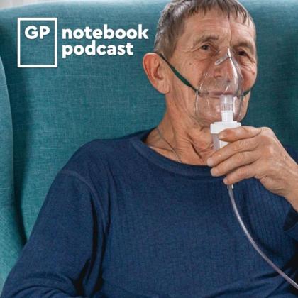 Elderly man using a breathing mask while sitting on a teal sofa with the logo 'GP notebook podcast' in the top left corner