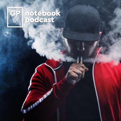 Man in red jacket and black cap vaping heavily, with "GP notebook podcast" logo in top left corner