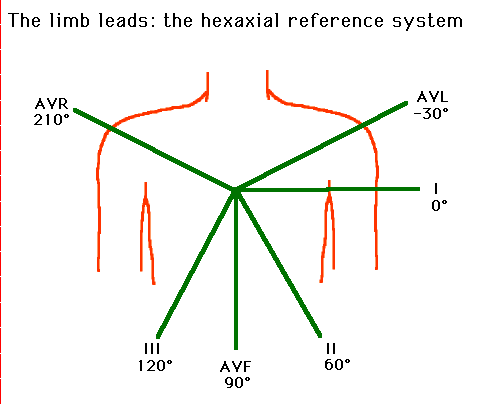 Diagram illustrating the limb leads and the hexaxial reference system for an electrocardiogram with labeled axes and angles