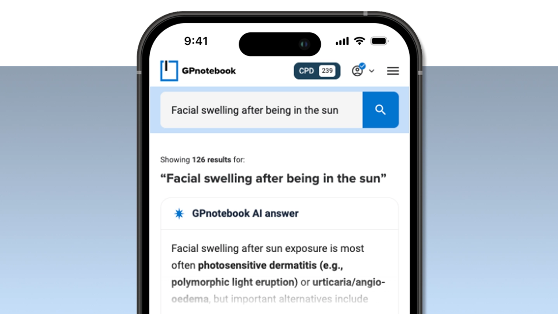 A smartphone displays the GPnotebook app with a search for "Facial swelling after being in the sun" and an AI-generated medical answer.