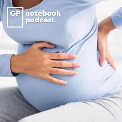 Close-up of a pregnant woman in a blue shirt holding her belly with a logo for the GP Notebook podcast in the upper left corner