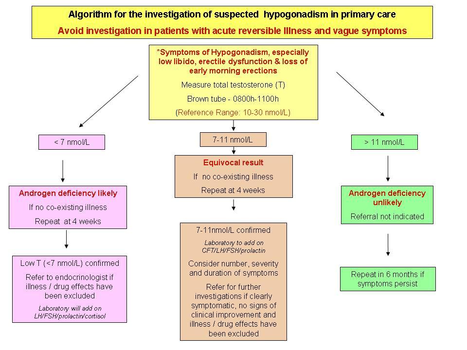 Flowchart detailing the medical algorithm for investigating suspected hypogonadism in primary care, including test thresholds and potential next steps for different results.