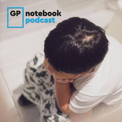 Overhead view of a child sitting on the floor, resting chin on hands, with a GP notebook podcast logo in the corner.