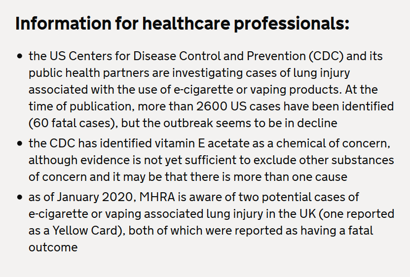 Text containing information for healthcare professionals about investigations and concerns related to lung injuries associated with e-cigarette or vaping products, highlighting CDC findings and cases in the US and UK.