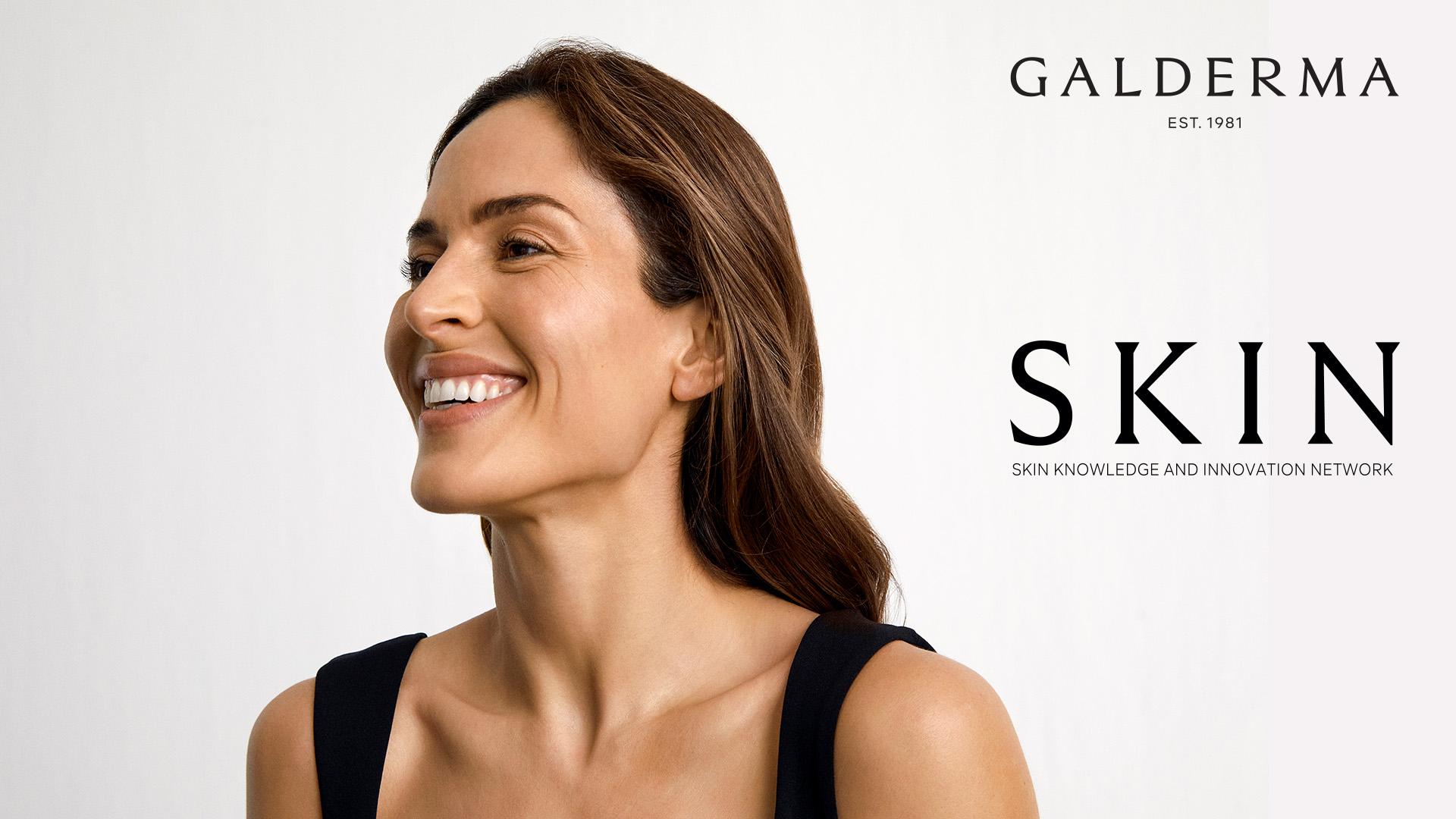 Happy woman with radiant skin smiling on a minimalist background, next to Galderma SKIN logo promoting skin health and innovation.