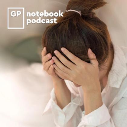 Woman covering face with hands, showing distress or sorrow, with a logo reading 'GP notebook podcast' in the top left corner.