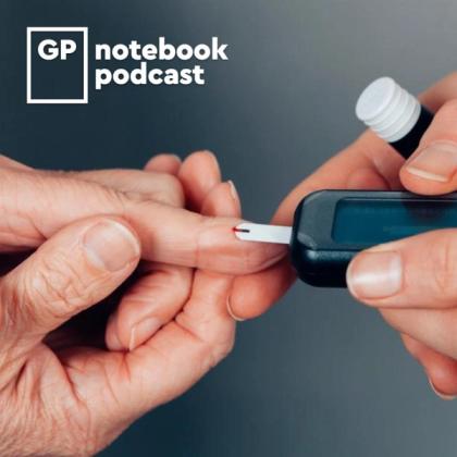 Person using a glucometer to check blood glucose level from a fingertip with GP Notebook Podcast logo in the corner.