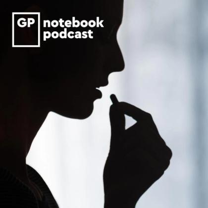 Silhouette of a person touching their lips with logo for GP Notebook Podcast