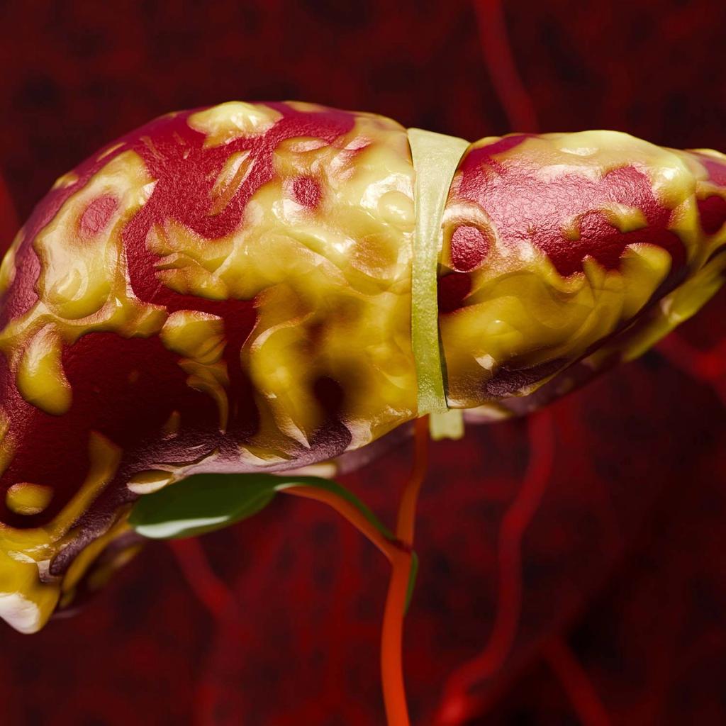 Medical illustration of a liver covered in yellow fatty deposits, with a green band wrapped around its center.