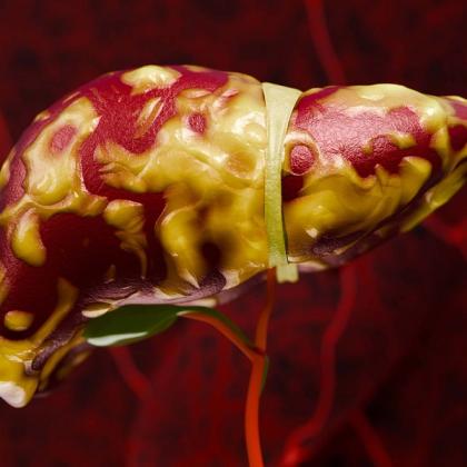 Medical illustration of a liver covered in yellow fatty deposits, with a green band wrapped around its center.