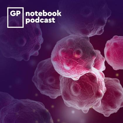 Promotional graphic for GP Notebook Podcast featuring a cluster of stylized, pink and purple cells on a dark background with the podcast logo in the upper left corner.
