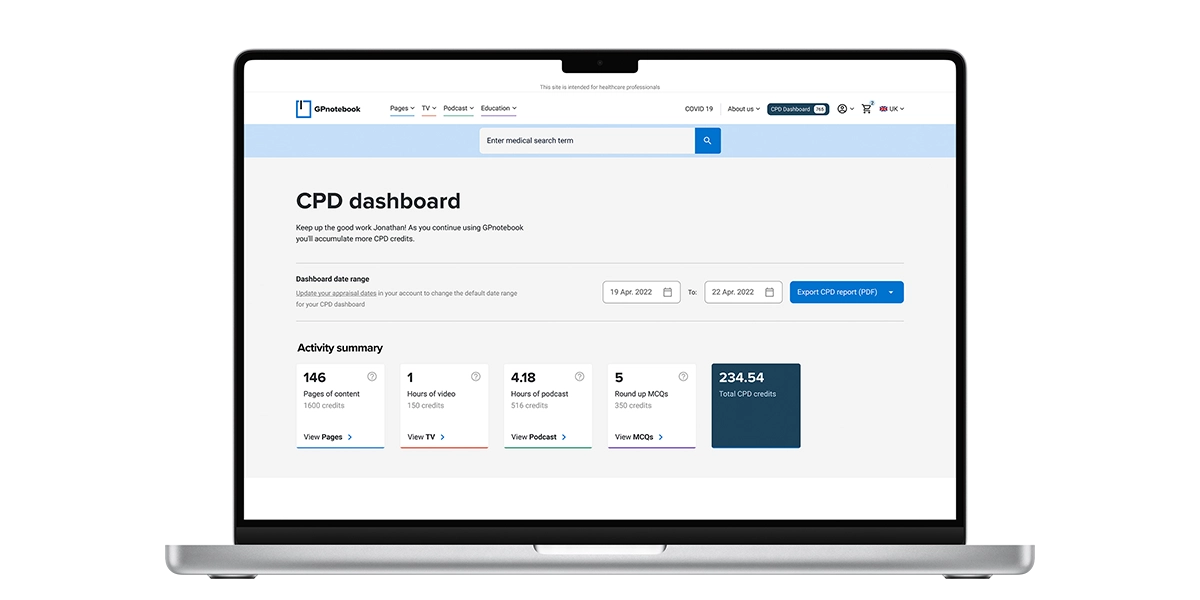 Laptop screen displaying CPD dashboard webpage with sections for activity summary, date range, and total credits, on the GPnotebook site intended for healthcare professionals.
