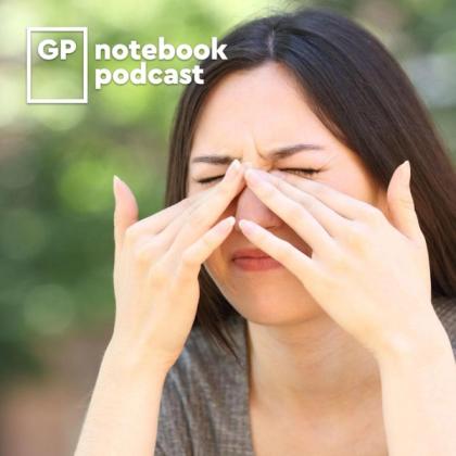 Woman rubbing her eyes in discomfort with a blurred green background and "GP notebook podcast" logo in the top left corner
