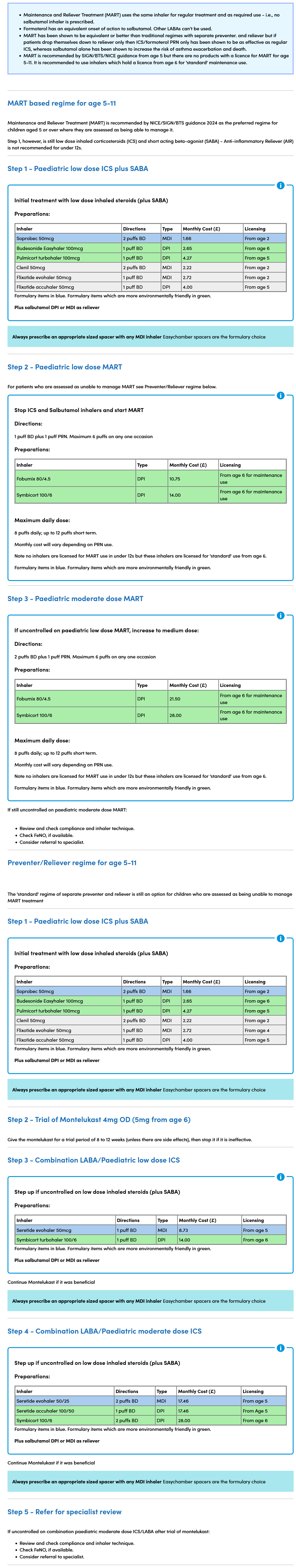 Detailed guide for pediatric asthma management outlining various steps and medication regimens including MART-based regimens, initial treatments, and adjustments based on control levels, displayed in table formats with sections on dosage, types, and cost.
