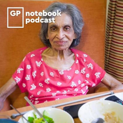 Elderly woman in a red floral shirt smiling at a dining table with a salad and rice, with "GP notebook podcast" logo in upper left corner