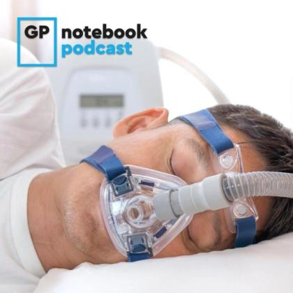 Man sleeping with CPAP machine for sleep apnea treatment, featuring GP Notebook podcast logo in upper left corner