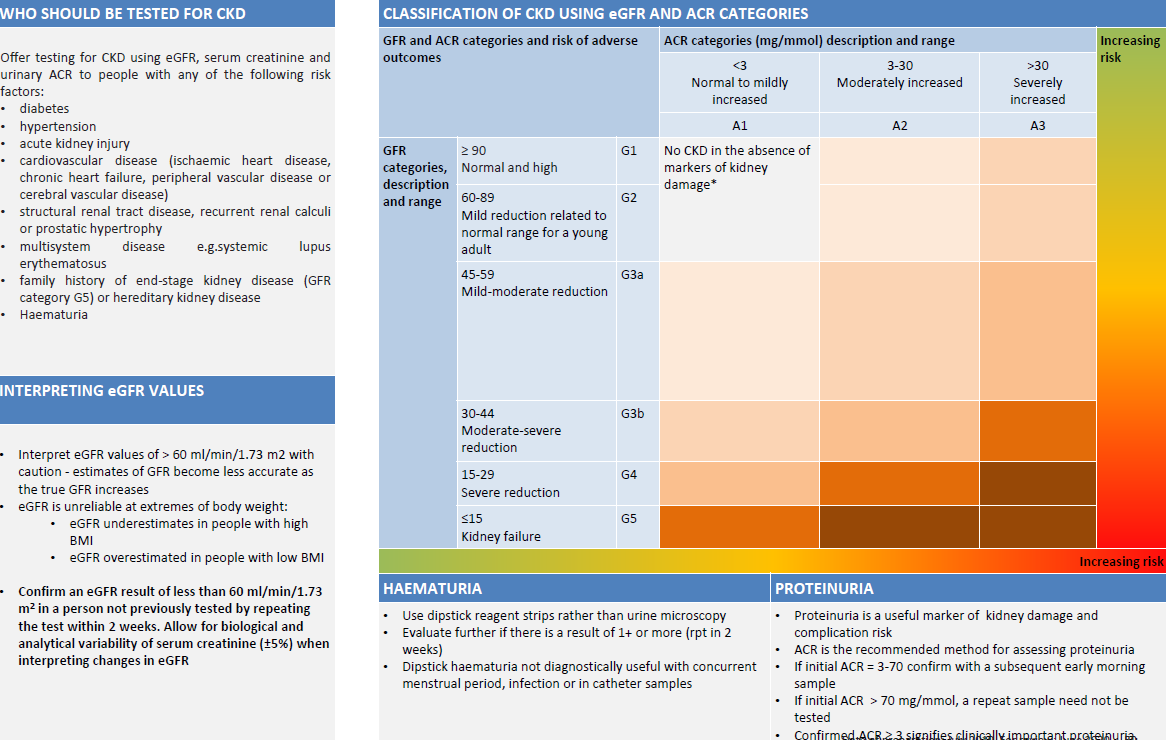 Detailed medical chart showing guidelines for CKD testing, interpretation of eGFR values, classification of CKD using GFR and ACR categories, and associated risks and outcomes.