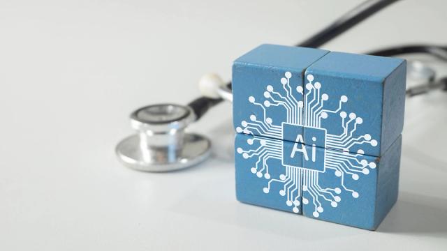 Blue cube with "AI" circuit board graphic next to a stethoscope.