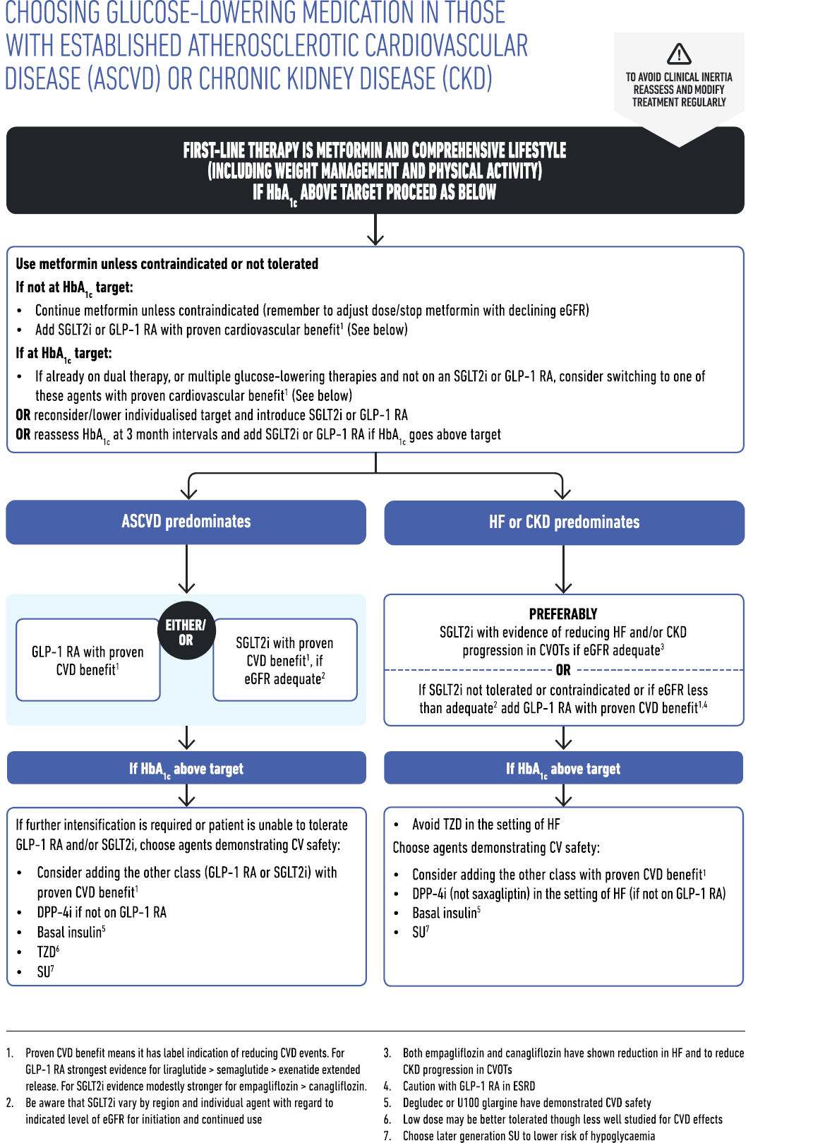 Flowchart detailing medication guidelines for treating patients with cardiovascular and chronic kidney diseases using glucose-lowering medications, emphasizing the primary role of metformin and lifestyle changes.