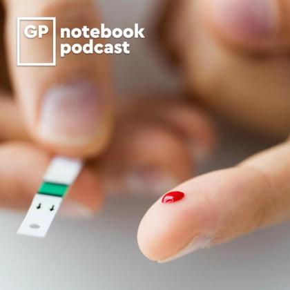 Close-up of a finger with a drop of blood ready for testing, with a blurred diabetes test strip and GP Notebook Podcast logo in the background