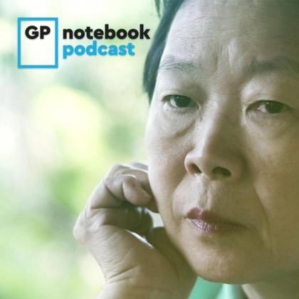 Close-up portrait of an elderly Asian woman talking on the phone, with the logo and text 'GP notebook podcast' in the upper left corner.