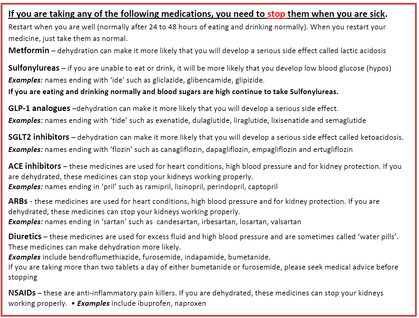 Text document listing medications to stop when sick, including Metformin, Sulfonylureas, GLP-1 analogues, SGLT2 inhibitors, ACE inhibitors, ARBs, Diuretics, and NSAIDs, with specific examples and associated risks.