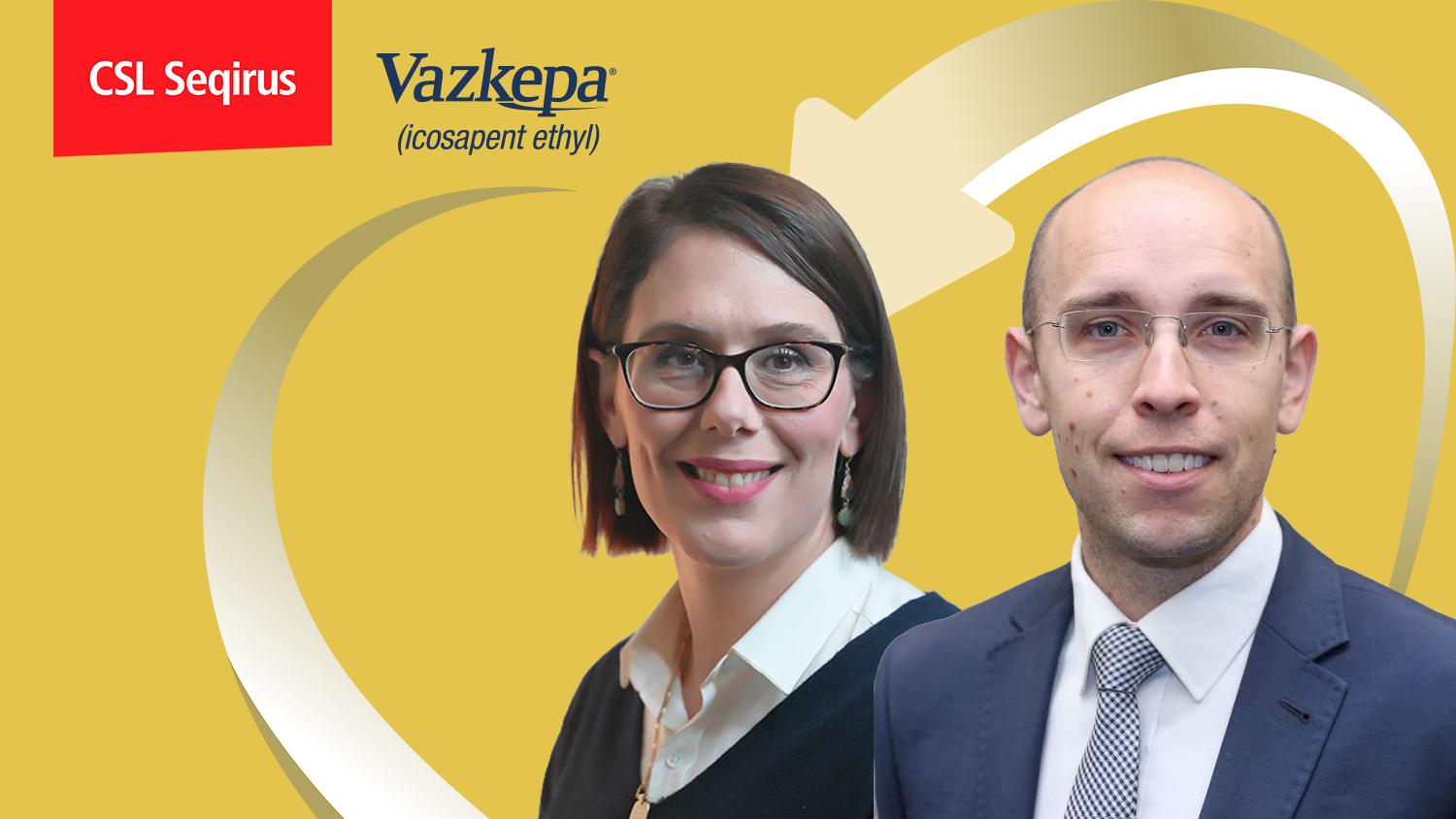 Two smiling professionals with logos on a yellow background with a golden arrow.