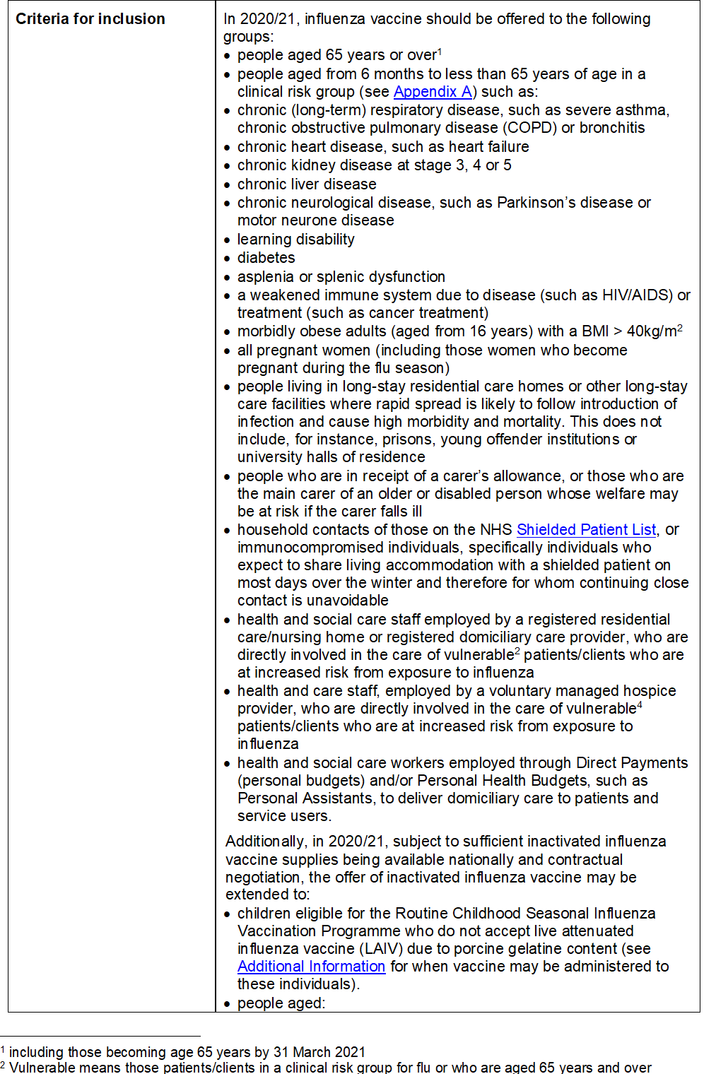 Document listing criteria for influenza vaccine eligibility including specific age groups, medical conditions, and occupational risks for the 2020/2021 flu season.