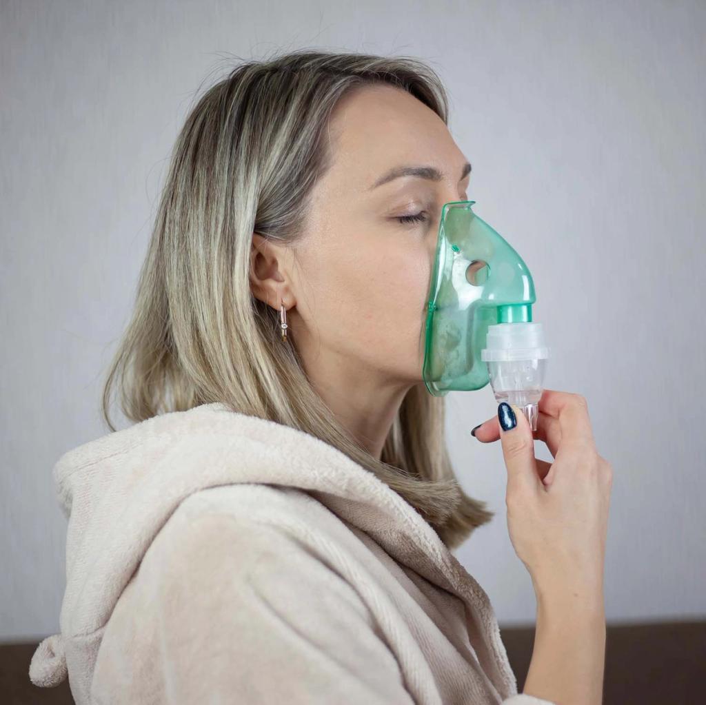Woman with blonde hair wearing a robe, eyes closed, using a green nebulizer mask.