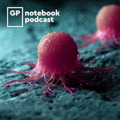3D render of pink cancer cells on a blue background with 'GP notebook podcast' logo in the corner
