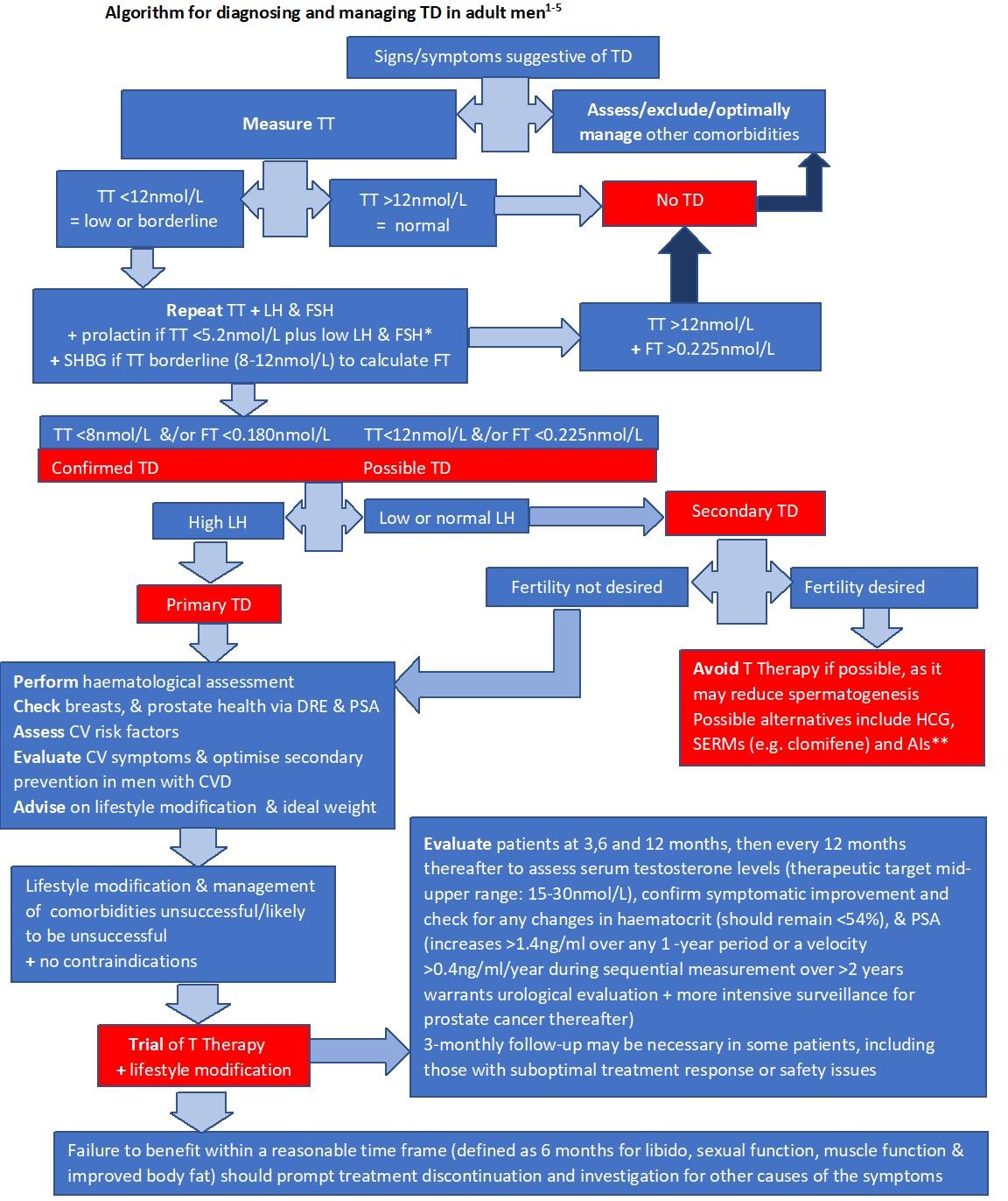Flowchart detailing the algorithm for diagnosing and managing testosterone deficiency (TD) in adult men, including pathways based on testosterone levels, symptoms, and fertility considerations
