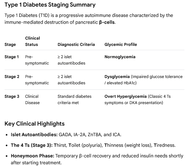 Type 1 Diabetes staging summary table detailing clinical status, diagnostic criteria, and glycemic profile for 3 stages, with key clinical highlights.