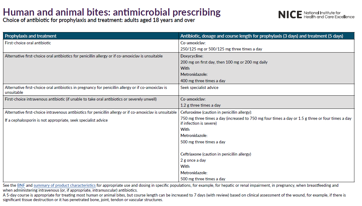 Chart detailing antibiotic prescriptions for human and animal bites, including options for adults with penicillin allergies and pregnancy, provided by the National Institute for Health and Care Excellence.